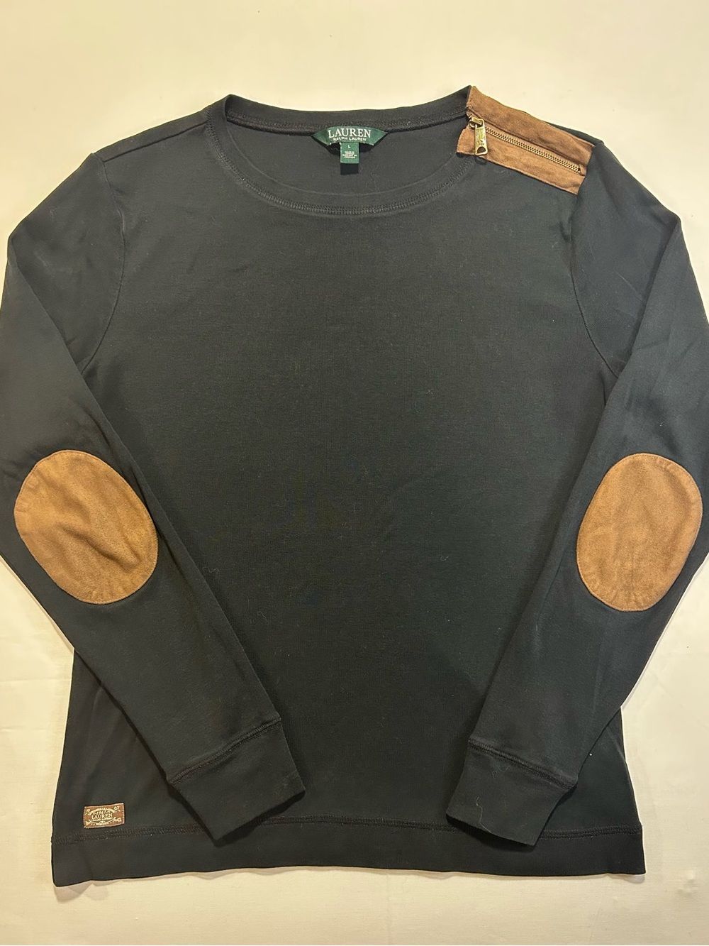 Lauren Ralph Lauren Black Long-Sleeve Shirt with Brown Elbow Patches